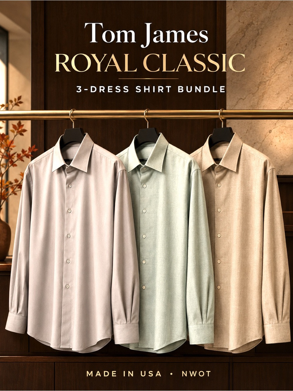 Tom James "Royal Classic" 3-Dress Shirt Bundle | Made in USA | Like-New